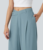 Asymmetric Mid Rise Barrel Leg Quick Dry Work Trousers with Pockets — Stone Blue — view 6