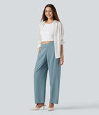 Asymmetric Mid Rise Barrel Leg Quick Dry Work Trousers with Pockets — Stone Blue — view 2