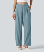 Asymmetric Mid Rise Barrel Leg Quick Dry Work Trousers with Pockets — Stone Blue — view 1