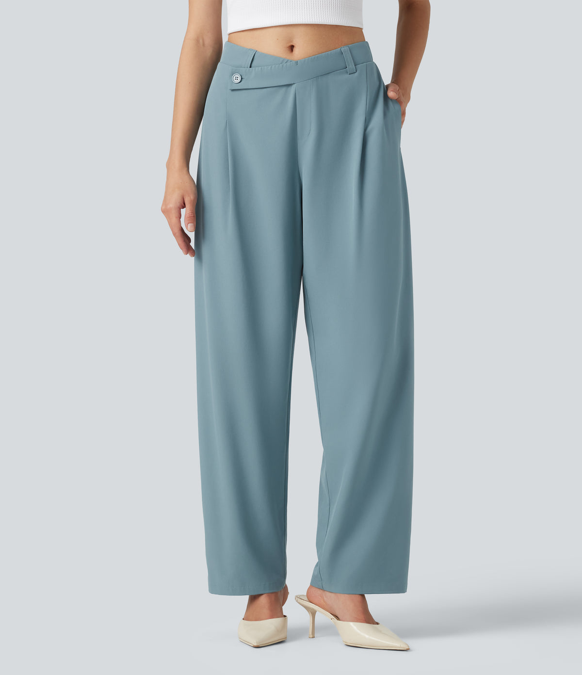 Asymmetric Mid Rise Barrel Leg Quick Dry Work Trousers with Pockets — Stone Blue — view 1