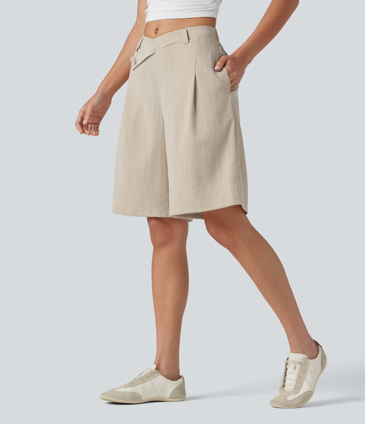 Asymmetric Mid Rise Work Linen-Feel Bermuda Shorts 10'' with Pockets — Dune Mirage — view 3