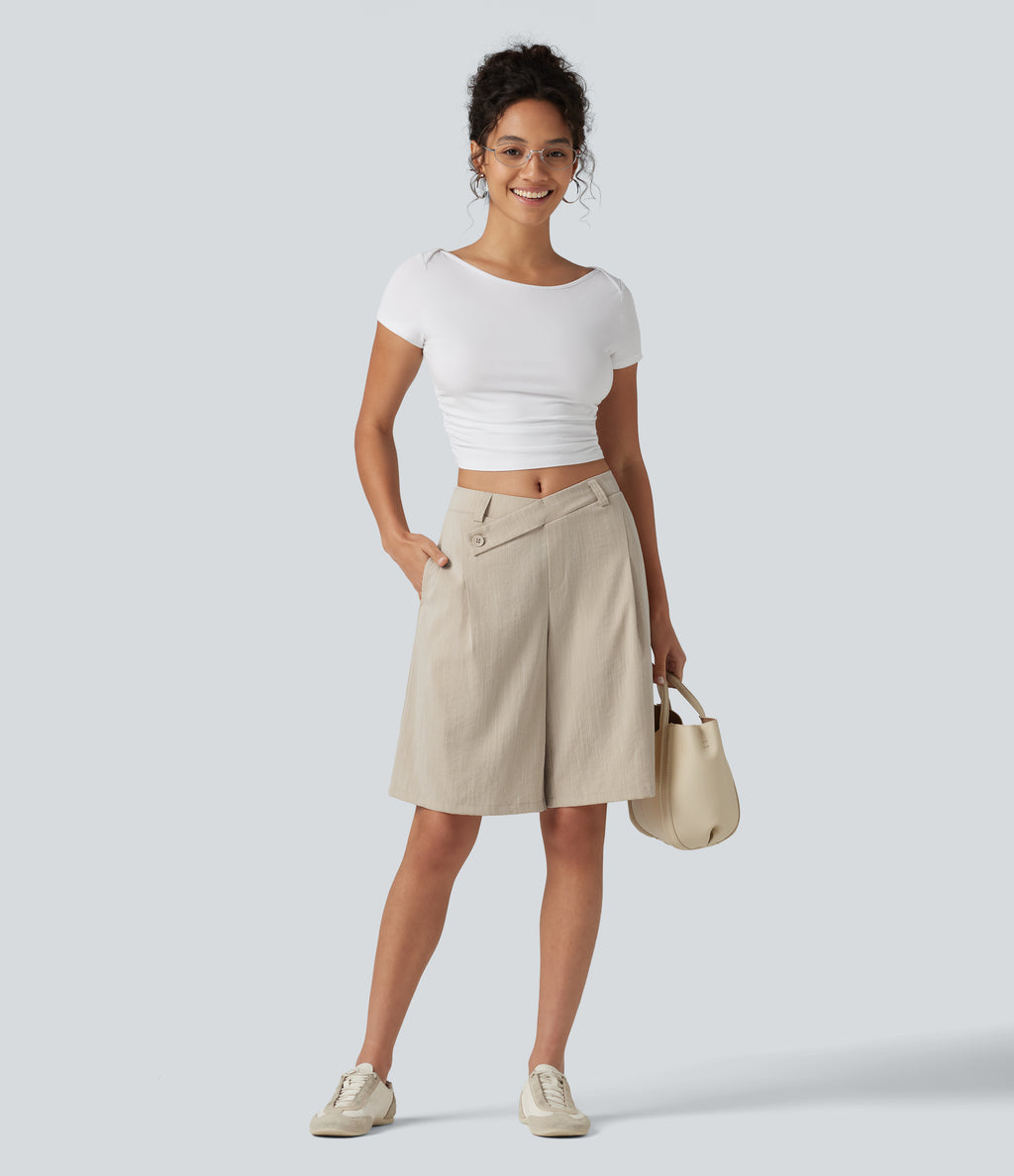 Asymmetric Mid Rise Work Linen-Feel Bermuda Shorts 10'' with Pockets — Dune Mirage — view 6