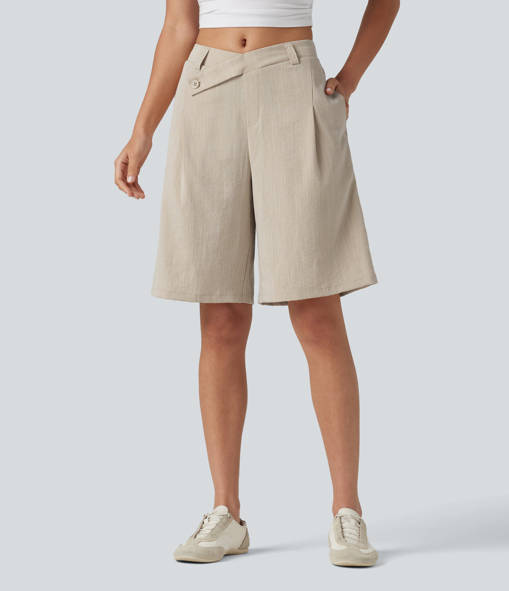 Asymmetric Mid Rise Work Linen-Feel Bermuda Shorts 10'' with Pockets — Dune Mirage — view 1