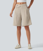 Asymmetric Mid Rise Work Linen-Feel Bermuda Shorts 10'' with Pockets — Dune Mirage — view 1