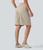 Asymmetric Mid Rise Work Linen-Feel Bermuda Shorts 10'' with Pockets — Dune Mirage — view 2