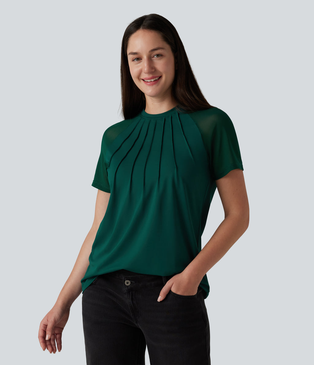 Round Neck Raglan Short Sleeve Contrast Mesh Casual Blouse — Rain Forest — view 1