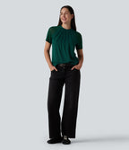 Round Neck Raglan Short Sleeve Contrast Mesh Casual Blouse — Rain Forest — view 6