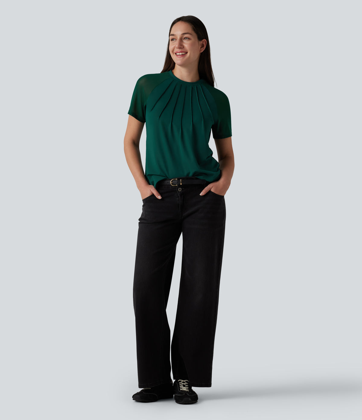 Round Neck Raglan Short Sleeve Contrast Mesh Casual Blouse — Rain Forest — view 6