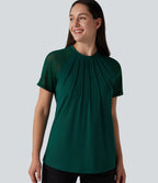 Round Neck Raglan Short Sleeve Contrast Mesh Casual Blouse — Rain Forest — view 5