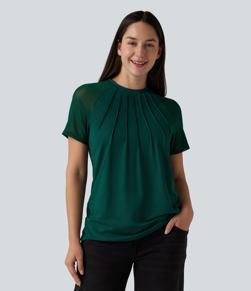 Round Neck Raglan Short Sleeve Contrast Mesh Casual Blouse — Rain Forest — view 4