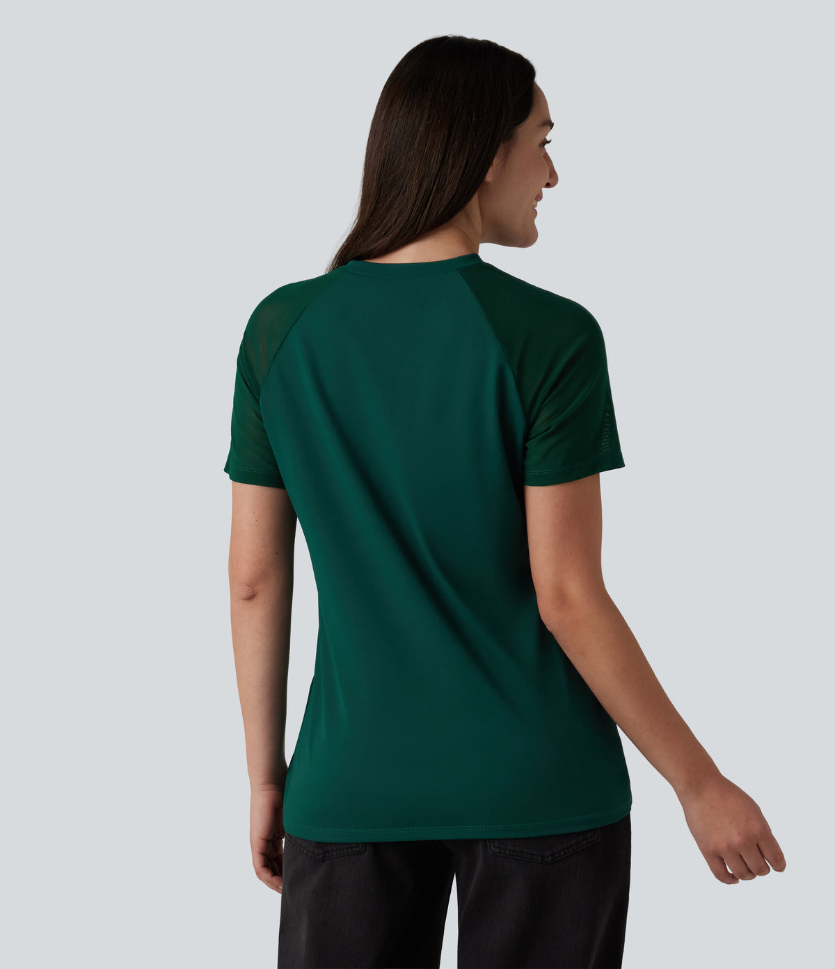 Round Neck Raglan Short Sleeve Contrast Mesh Casual Blouse — Rain Forest — view 2