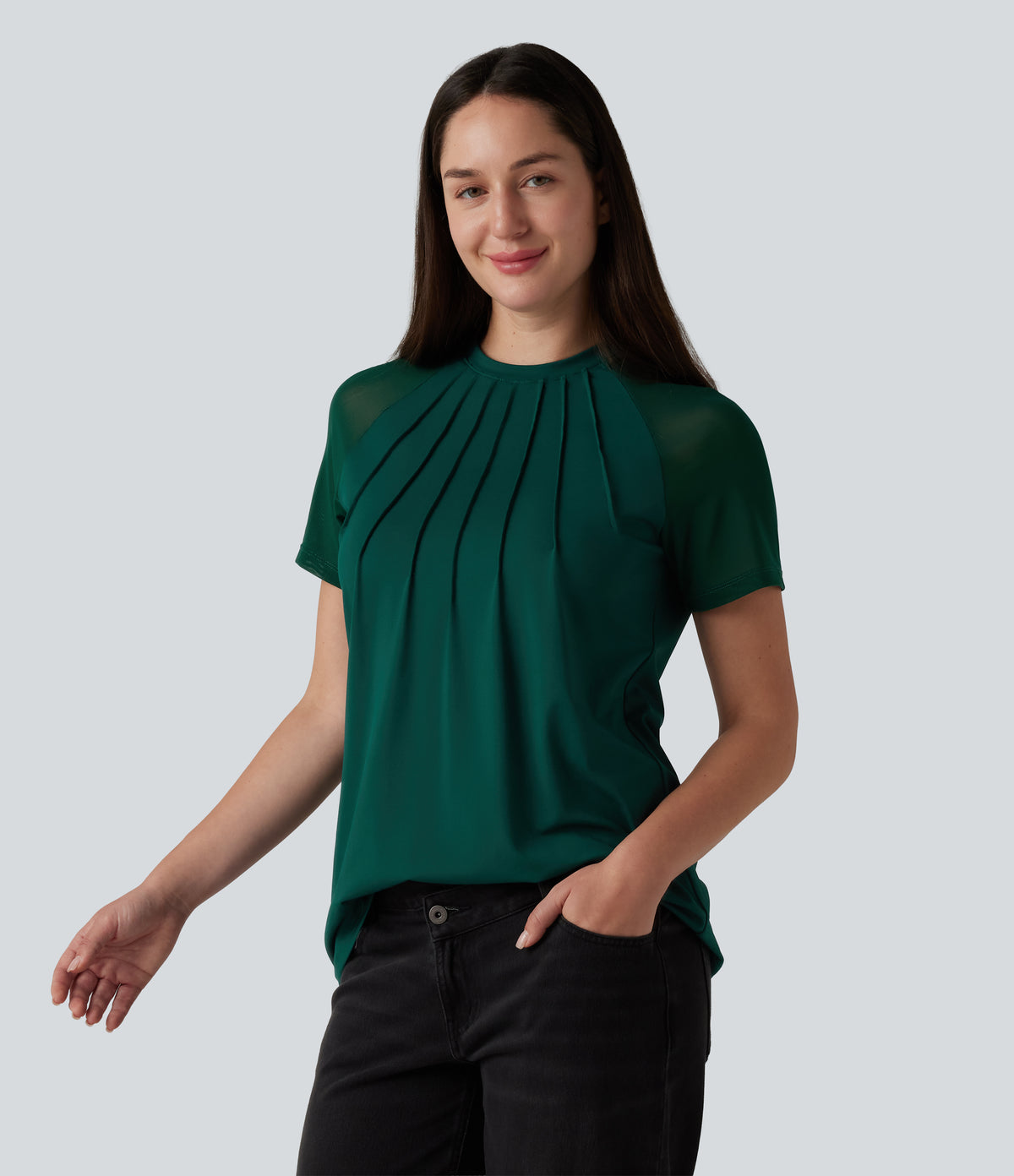 Round Neck Raglan Short Sleeve Contrast Mesh Casual Blouse — Rain Forest — view 3