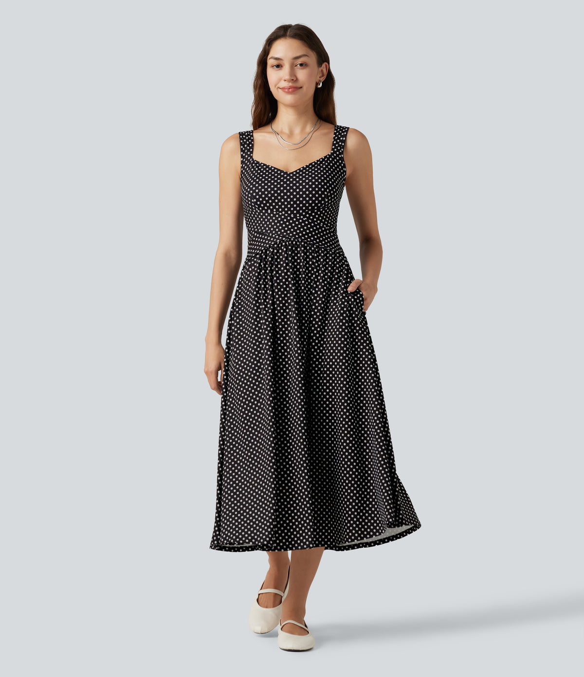 Sleeveless Backless Crossover Polka Dot Midi Casual Flowy Dress with Pockets — Midnight Dots — view 1
