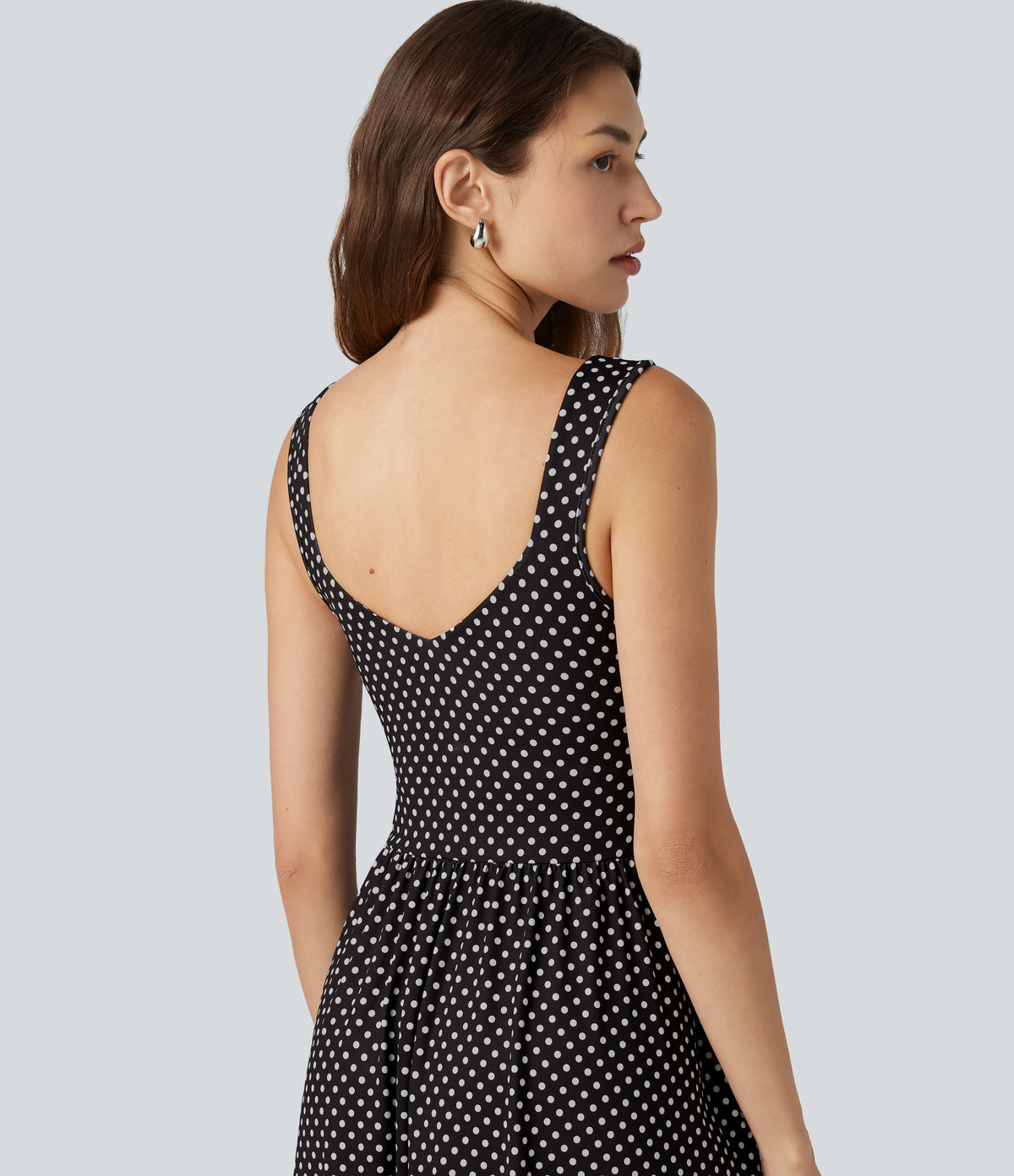 Sleeveless Backless Crossover Polka Dot Midi Casual Flowy Dress with Pockets — Midnight Dots — view 5