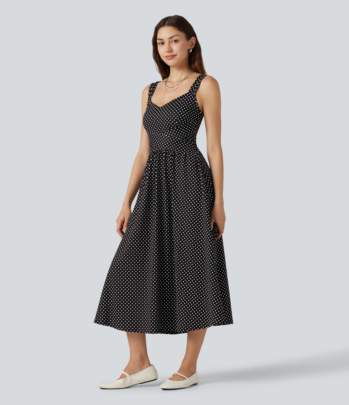 Sleeveless Backless Crossover Polka Dot Midi Casual Flowy Dress with Pockets — Midnight Dots — view 3