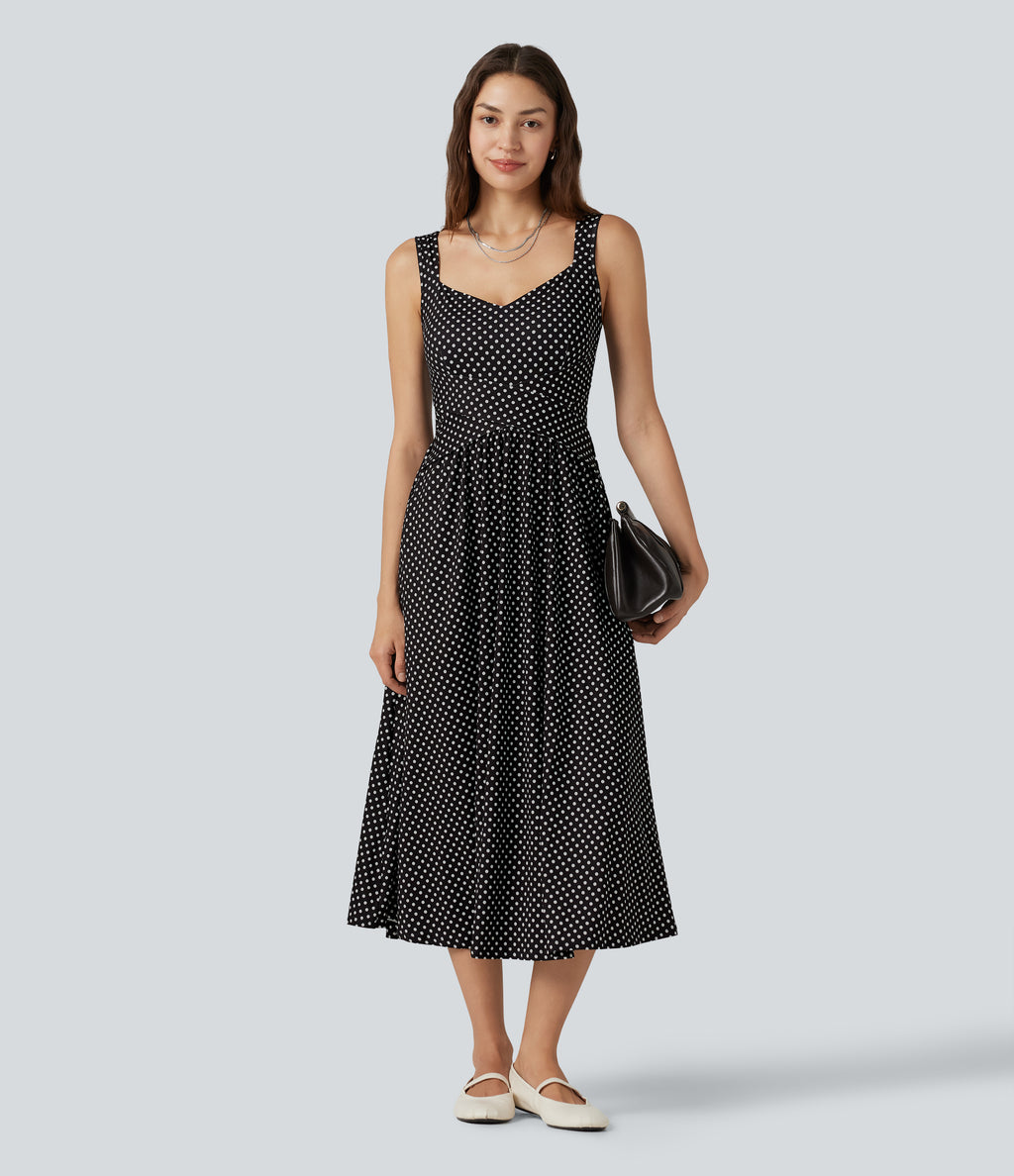 Sleeveless Backless Crossover Polka Dot Midi Casual Flowy Dress with Pockets — Midnight Dots — view 8