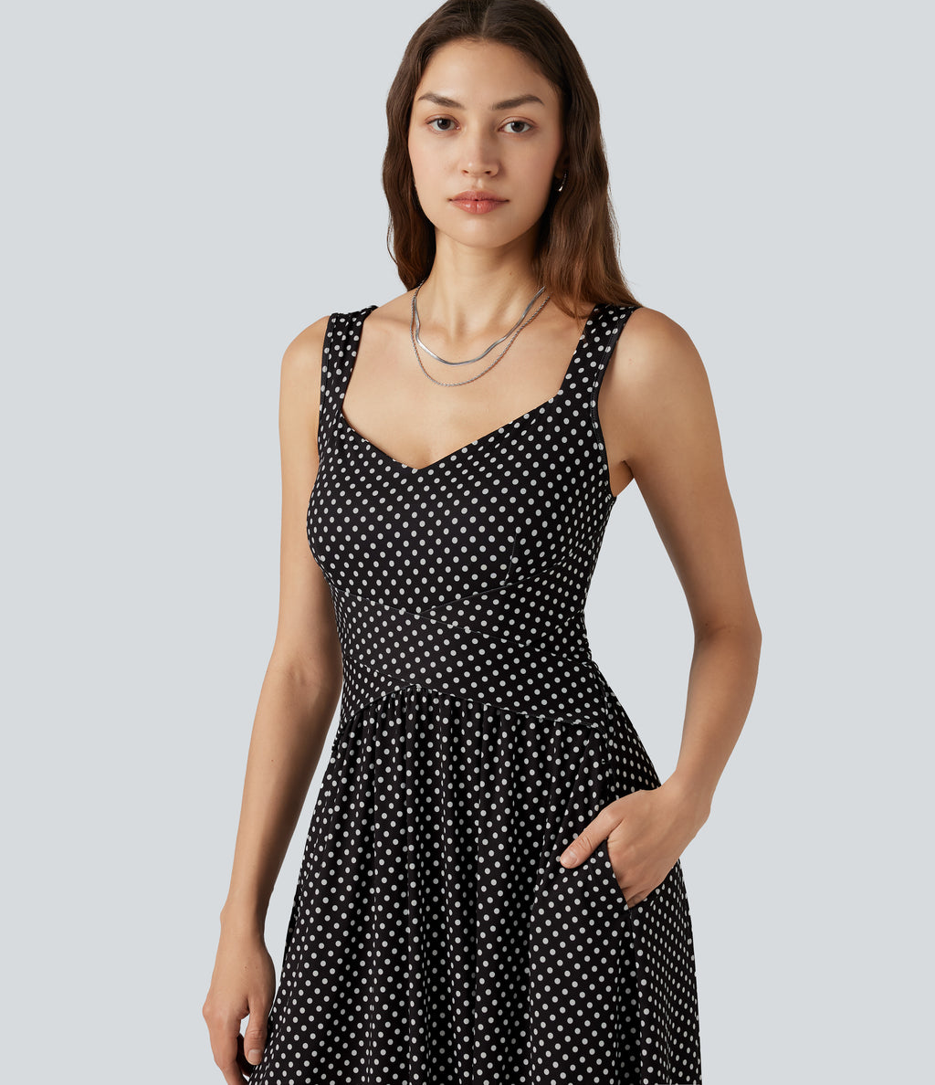 Sleeveless Backless Crossover Polka Dot Midi Casual Flowy Dress with Pockets — Midnight Dots — view 4