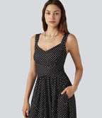 Sleeveless Backless Crossover Polka Dot Midi Casual Flowy Dress with Pockets — Midnight Dots — view 4
