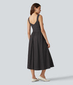 Sleeveless Backless Crossover Polka Dot Midi Casual Flowy Dress with Pockets — Midnight Dots — view 2