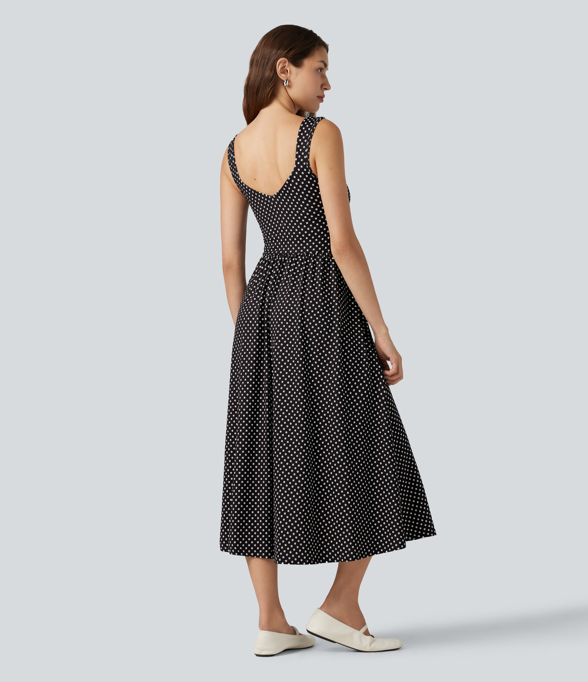 Sleeveless Backless Crossover Polka Dot Midi Casual Flowy Dress with Pockets — Midnight Dots — view 2