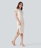 Asymmetric Cowl Neck Short Sleeve Ruched Split Hem Work Dress — Whisper White — view 1
