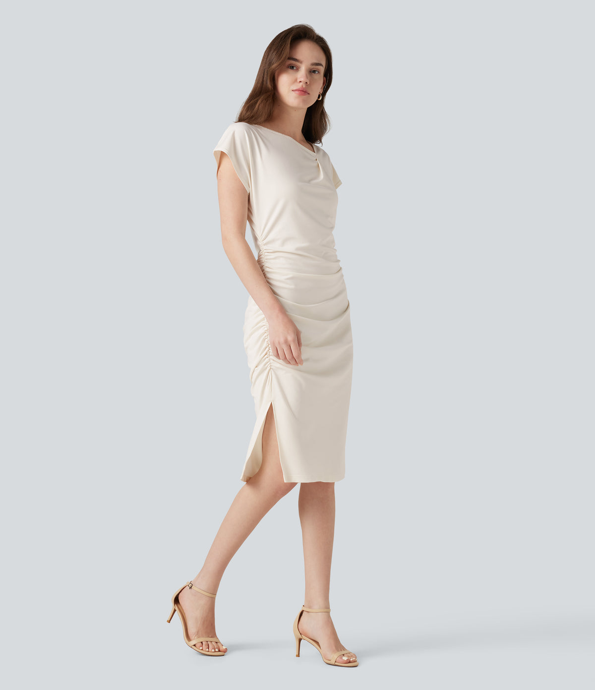 Asymmetric Cowl Neck Short Sleeve Ruched Split Hem Work Dress — Whisper White — view 1