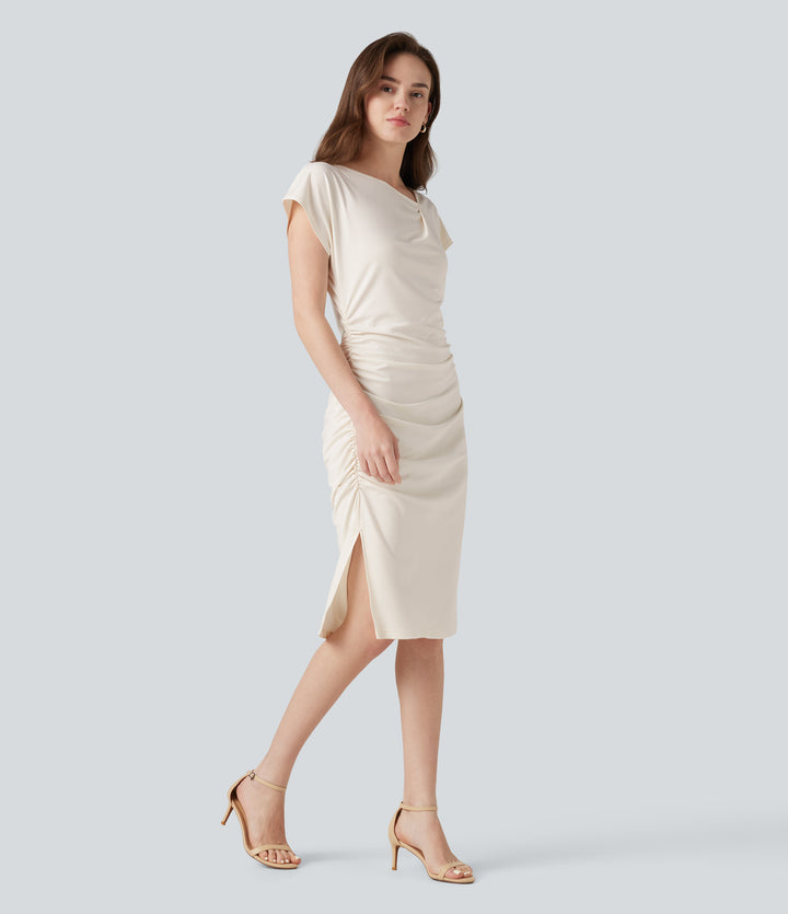 Asymmetric Cowl Neck Short Sleeve Ruched Split Hem Work Dress — Whisper White — view 1