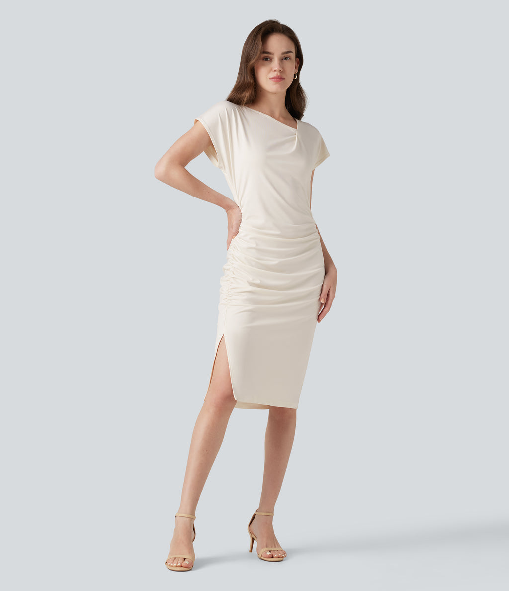 Asymmetric Cowl Neck Short Sleeve Ruched Split Hem Work Dress — Whisper White — view 2