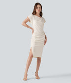 Asymmetric Cowl Neck Short Sleeve Ruched Split Hem Work Dress — Whisper White — view 2