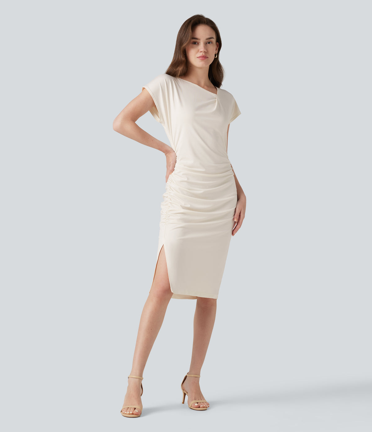 Asymmetric Cowl Neck Short Sleeve Ruched Split Hem Work Dress — Whisper White — view 2