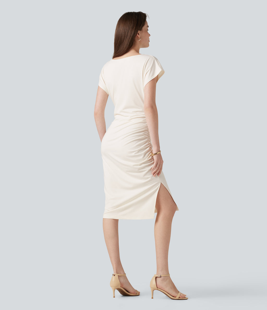 Asymmetric Cowl Neck Short Sleeve Ruched Split Hem Work Dress — Whisper White — view 3