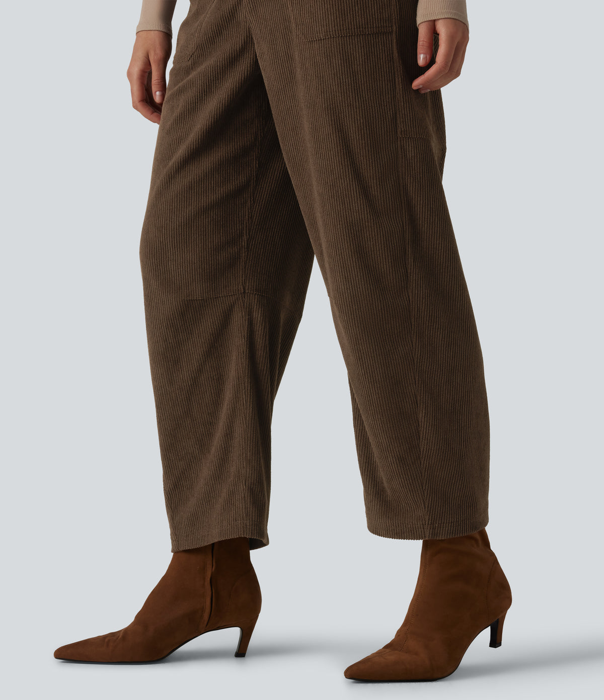 High Waisted Corduroy Work Barrel Leg Trousers with Pockets — Demitasse — view 6