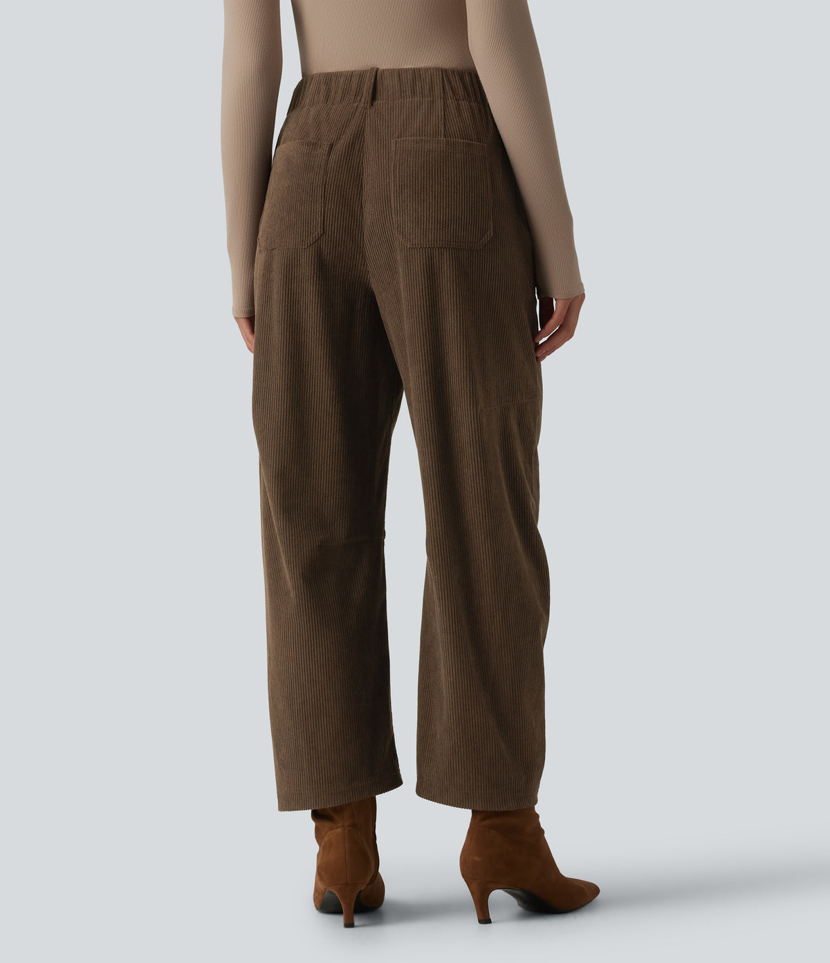High Waisted Corduroy Work Barrel Leg Trousers with Pockets — Demitasse — view 2