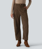 High Waisted Corduroy Work Barrel Leg Trousers with Pockets — Demitasse — view 1