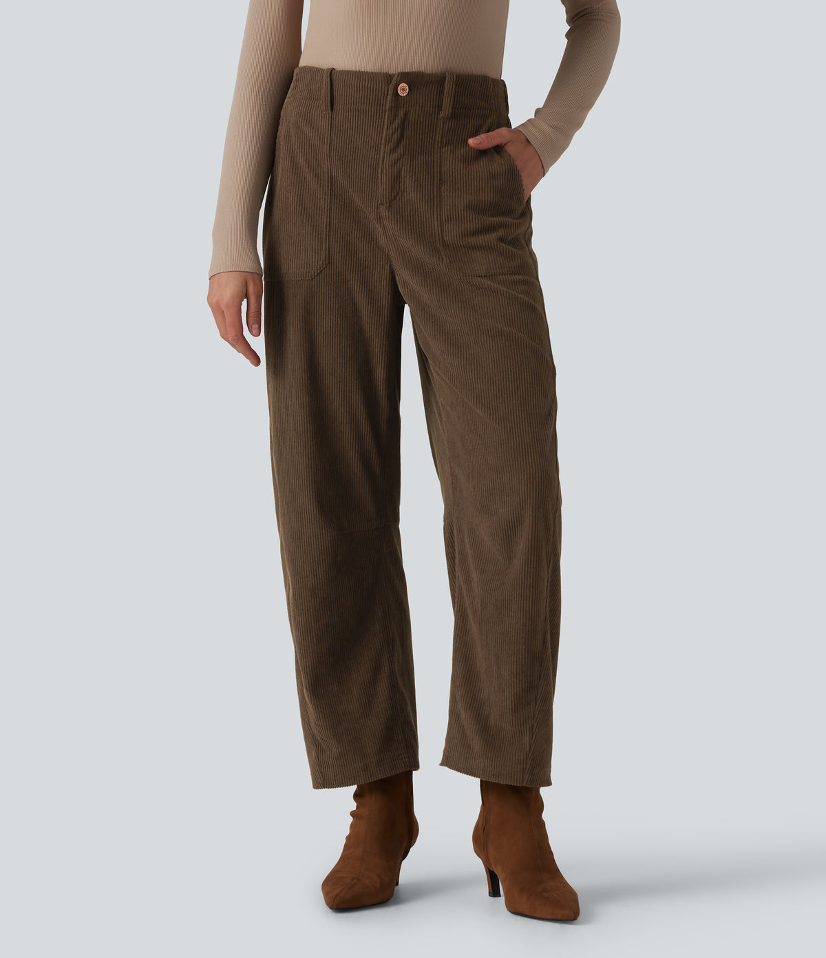 High Waisted Corduroy Work Barrel Leg Trousers with Pockets — Demitasse — view 1