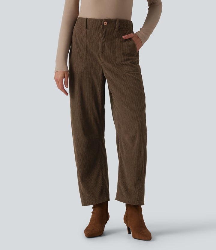 High Waisted Corduroy Work Barrel Leg Trousers with Pockets — Demitasse — view 1