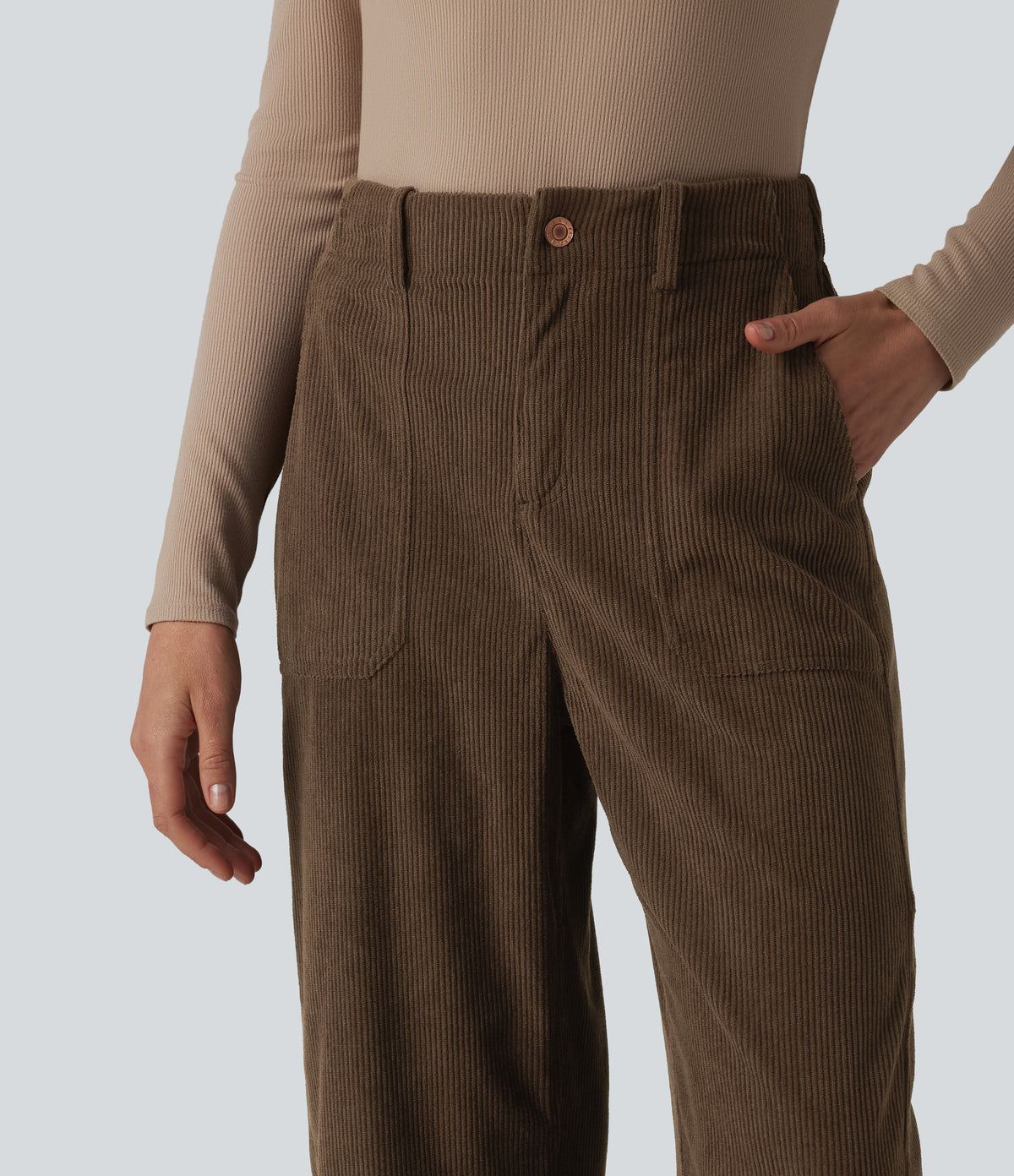 High Waisted Corduroy Work Barrel Leg Trousers with Pockets — Demitasse — view 4