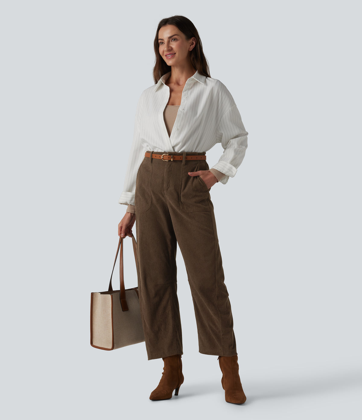 High Waisted Corduroy Work Barrel Leg Trousers with Pockets — Demitasse — view 7