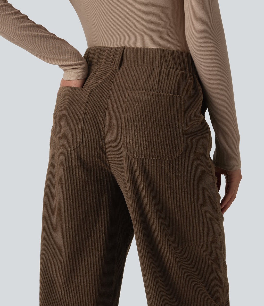 High Waisted Corduroy Work Barrel Leg Trousers with Pockets — Demitasse — view 5