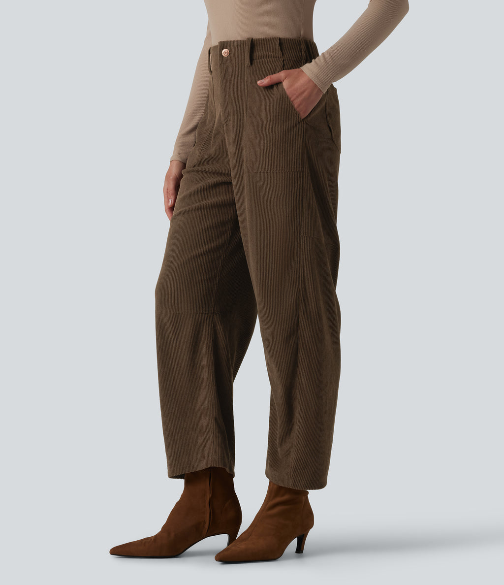 High Waisted Corduroy Work Barrel Leg Trousers with Pockets — Demitasse — view 3