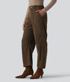 High Waisted Corduroy Work Barrel Leg Trousers with Pockets — Demitasse — view 3