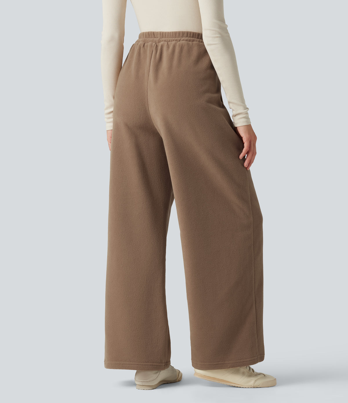 High Waisted Drawstring Casual Fleece Baggy Trousers with Pockets — Coca Mocha — view 2