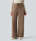 High Waisted Drawstring Casual Fleece Baggy Trousers with Pockets — Coca Mocha — view 1