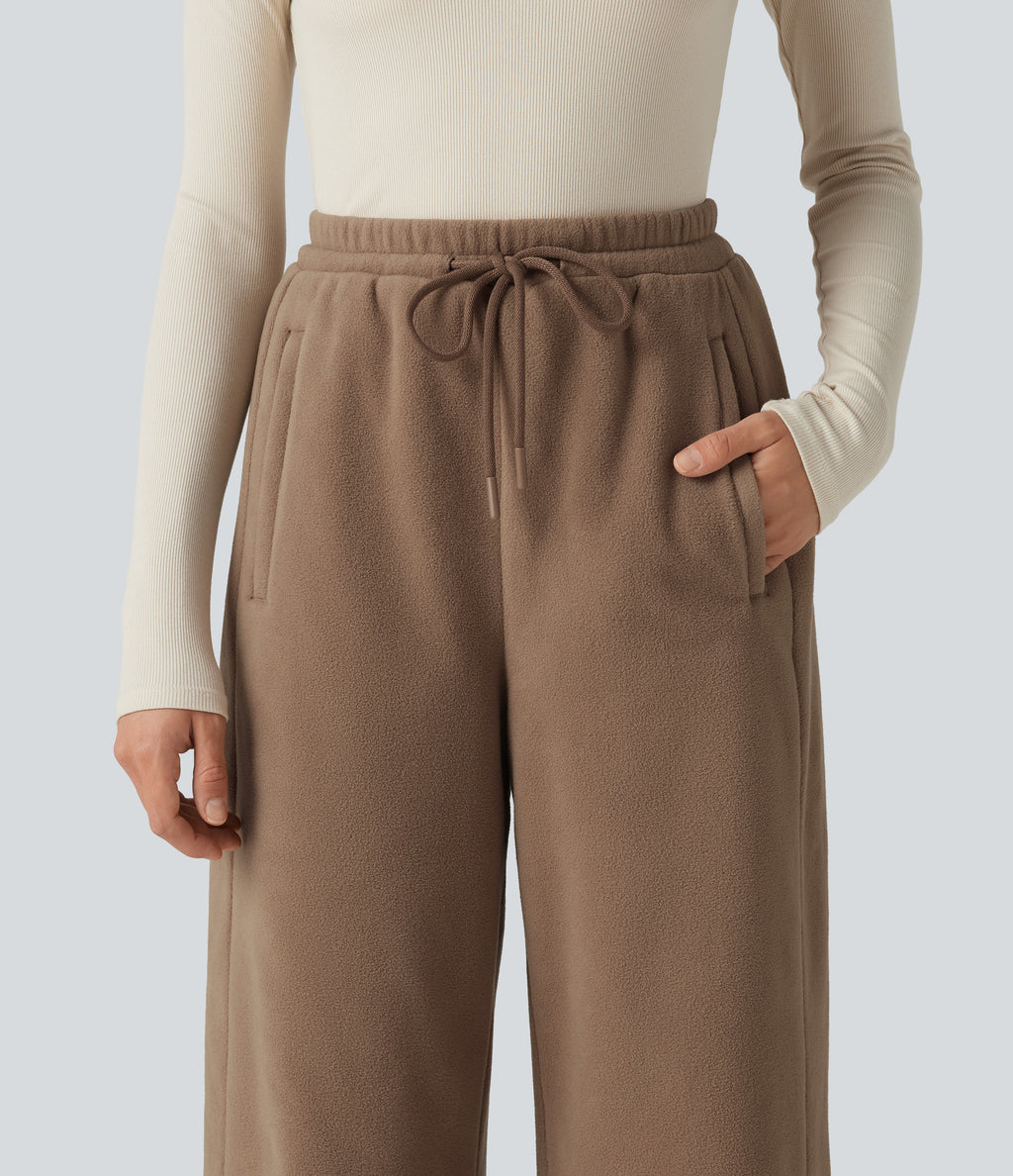 High Waisted Drawstring Casual Fleece Baggy Trousers with Pockets — Coca Mocha — view 4