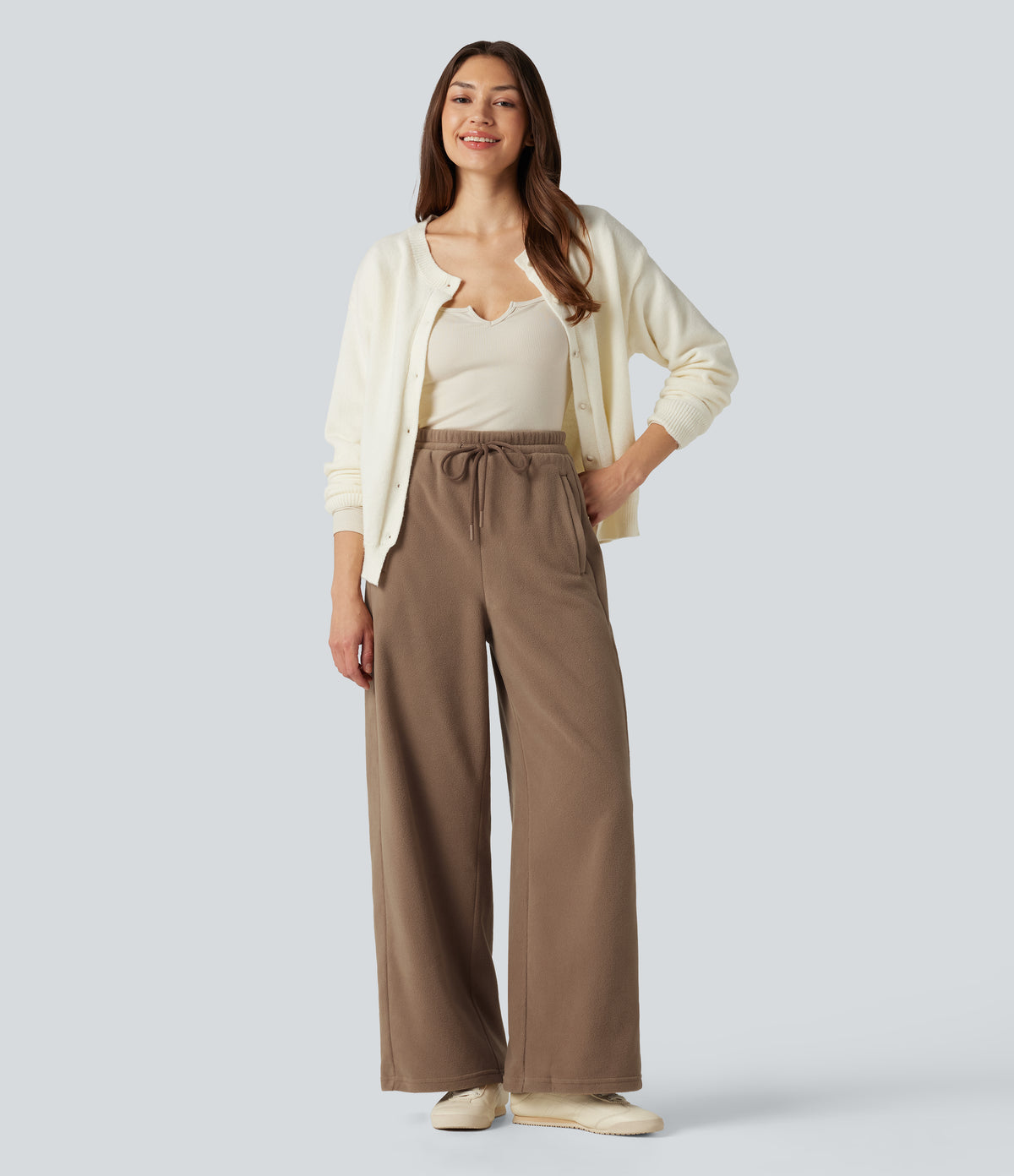 High Waisted Drawstring Casual Fleece Baggy Trousers with Pockets — Coca Mocha — view 6