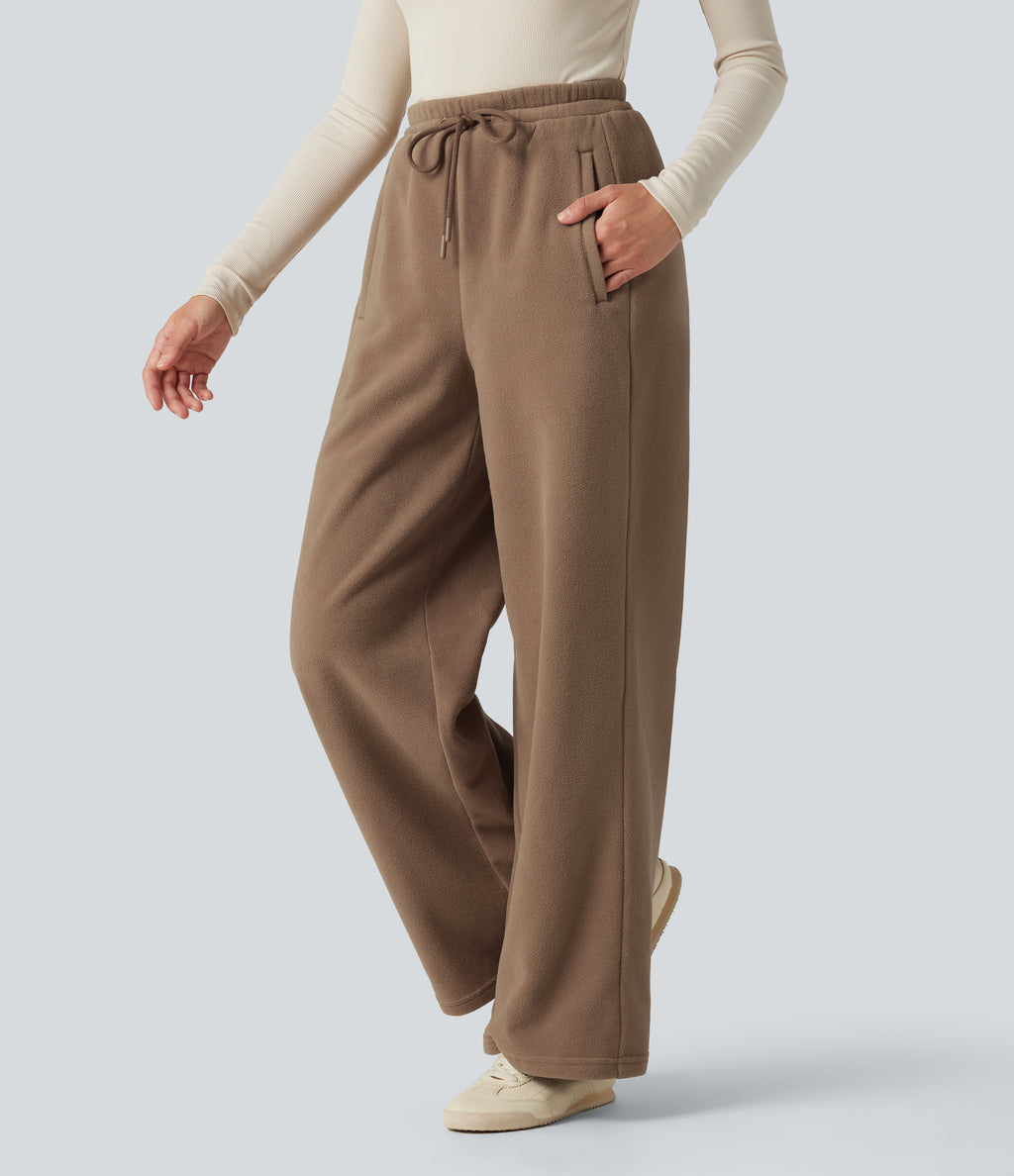 High Waisted Drawstring Casual Fleece Baggy Trousers with Pockets — Coca Mocha — view 3