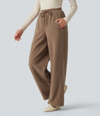 High Waisted Drawstring Casual Fleece Baggy Trousers with Pockets — Coca Mocha — view 3