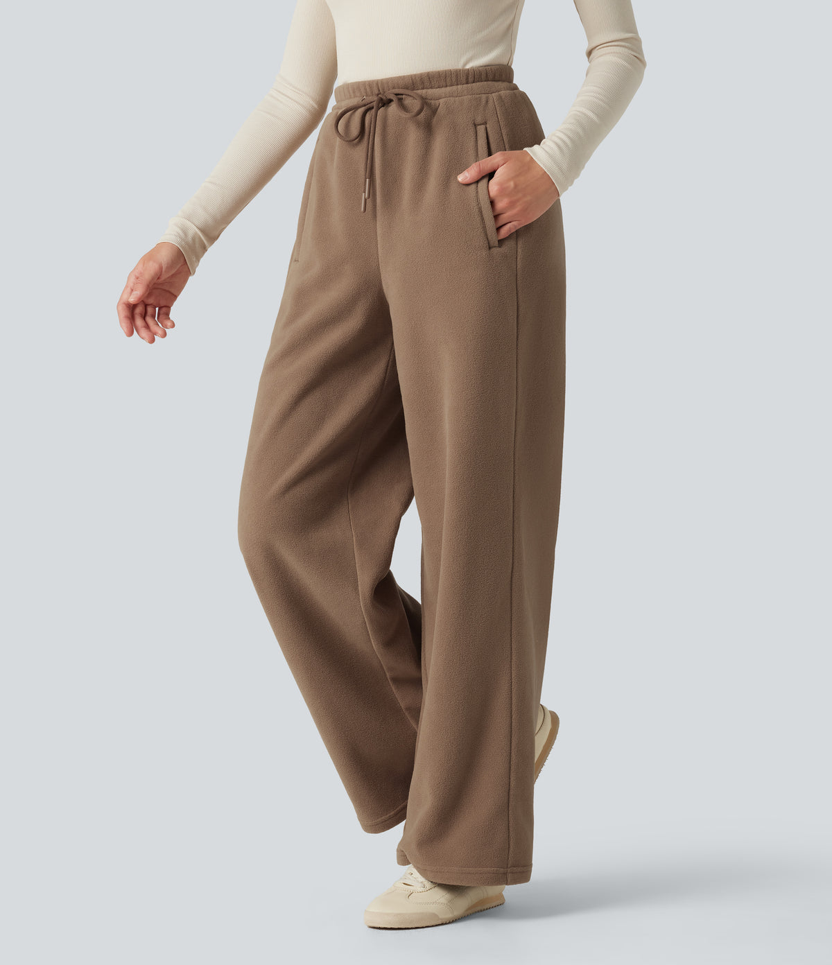 High Waisted Drawstring Casual Fleece Baggy Trousers with Pockets — Coca Mocha — view 3