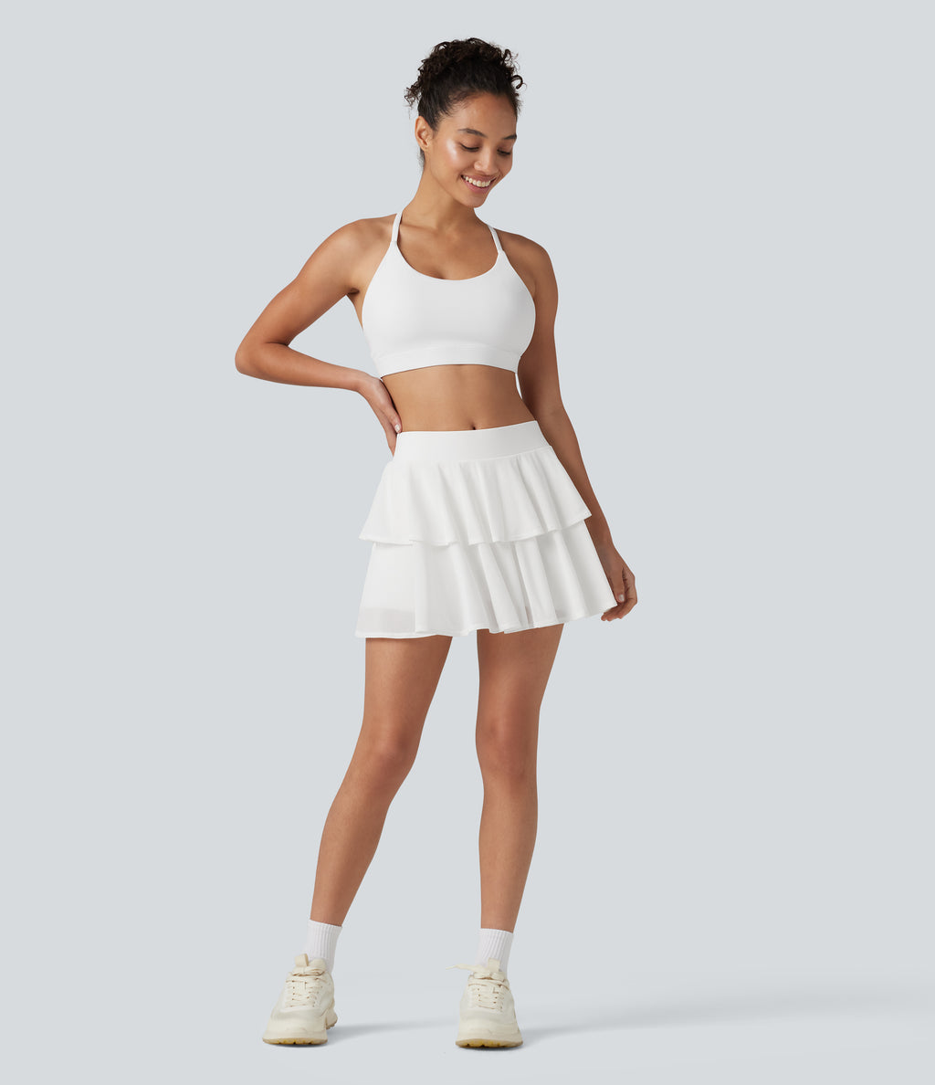 Mid Rise Breathable Mesh 2-in-1 InstantCool Quick Dry Micro Tennis Tiered Skirt with Pockets — White — view 8