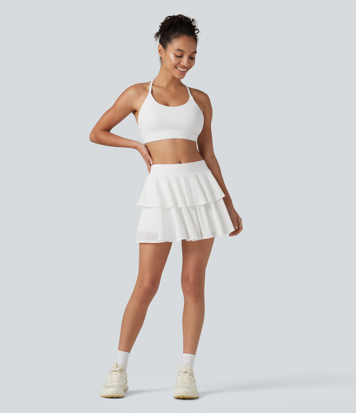 Mid Rise Breathable Mesh 2-in-1 InstantCool Quick Dry Micro Tennis Tiered Skirt with Pockets — White — view 8